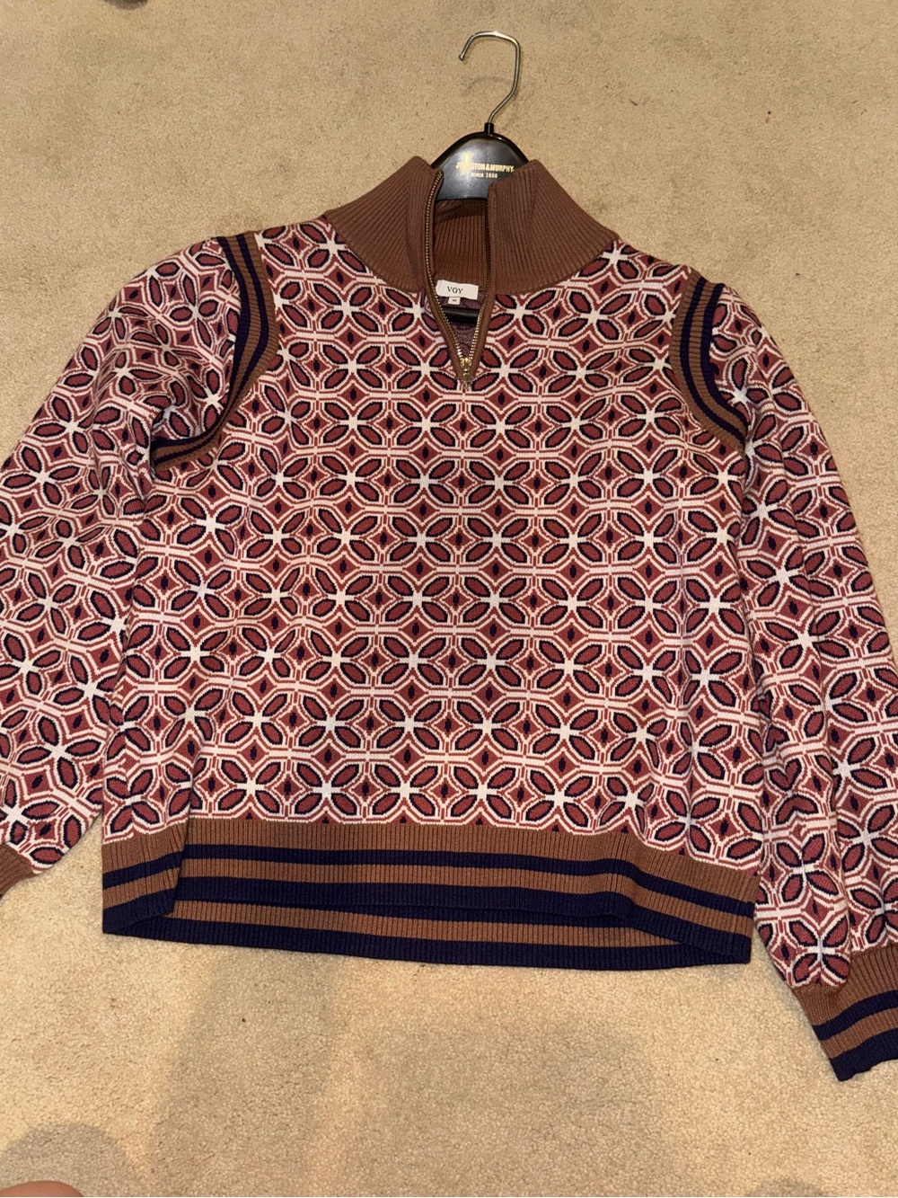 Geo-Pattern Zip-Front Turtleneck Sweater in Brown and Pink